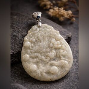 Vintage White Nephrite Jade Dragon & Pearl Pendant – Asian Carved Amulet